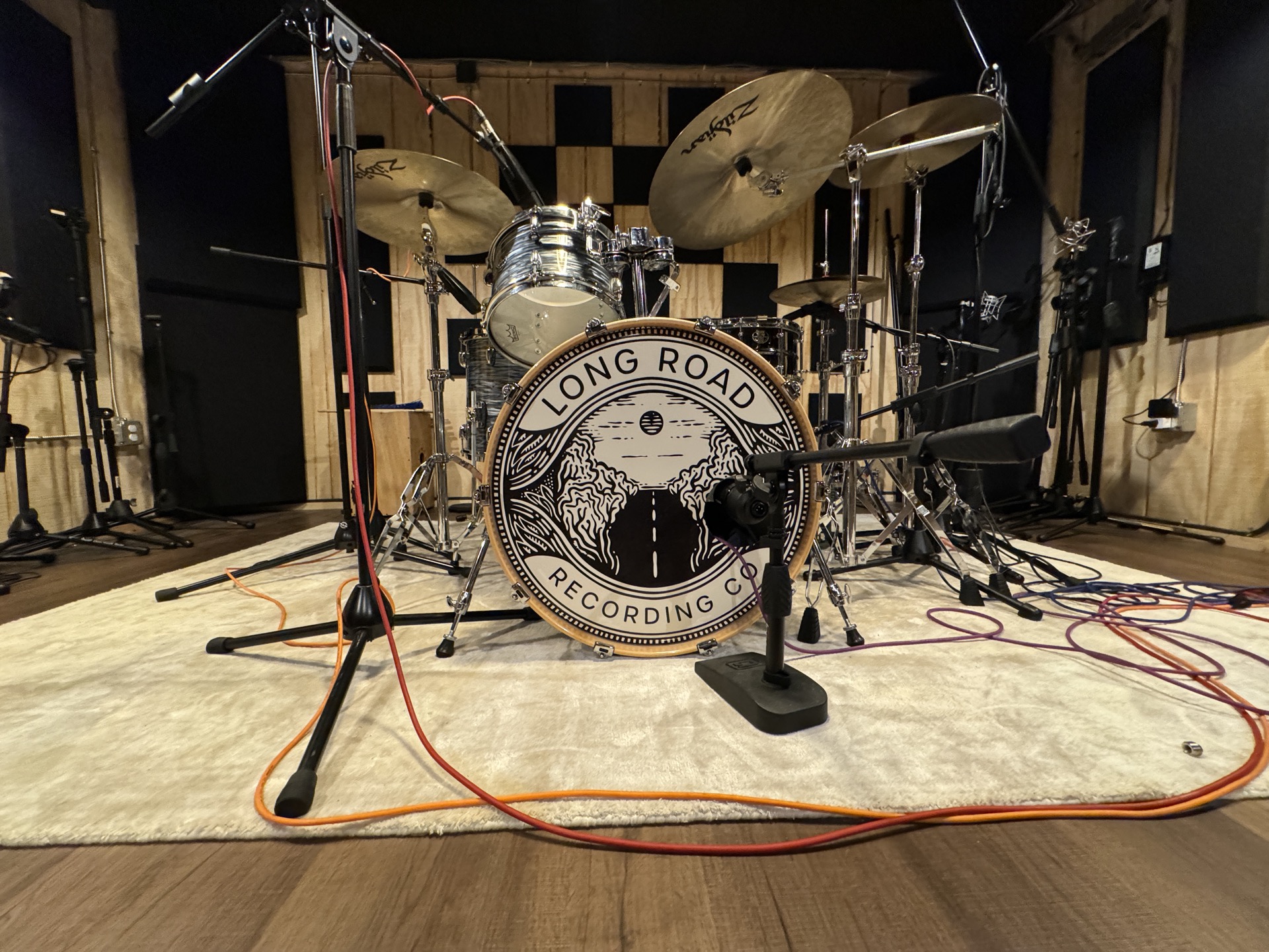 Drum kit with custom Long Road Recording kick drum in live room